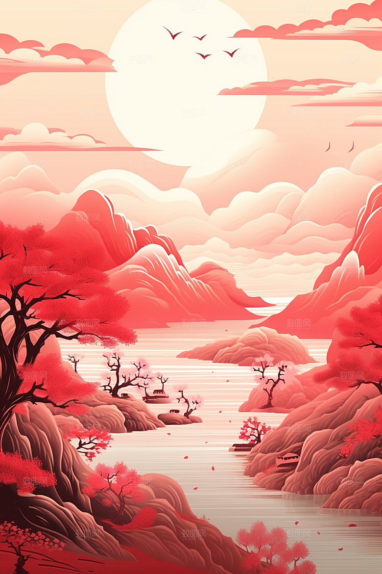中国红山水风光国画插画