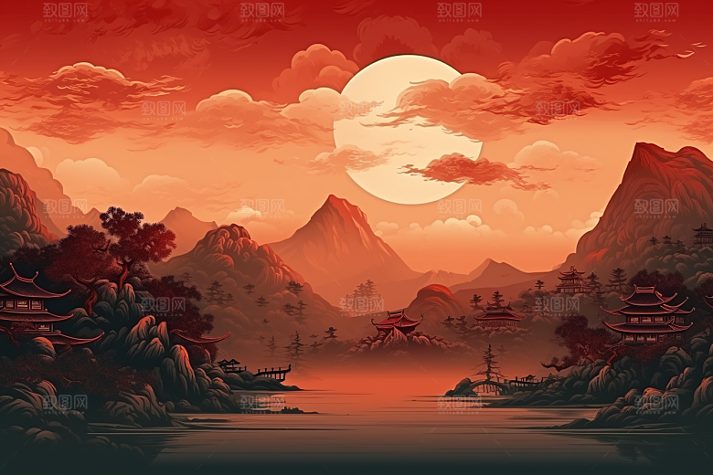 中国红山水国画艺术插画