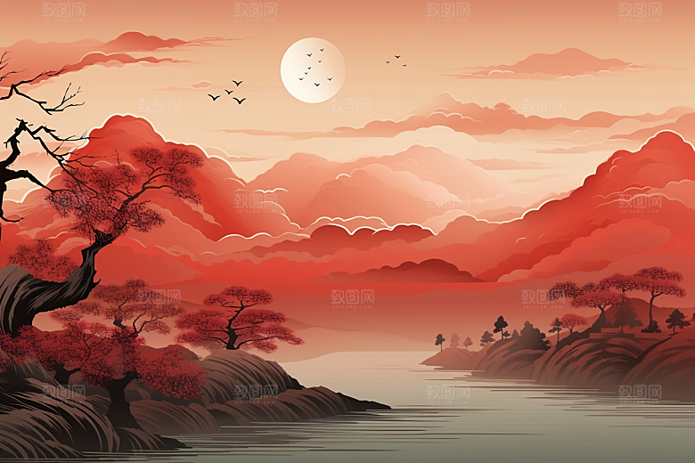 中国红山水红色水墨插画