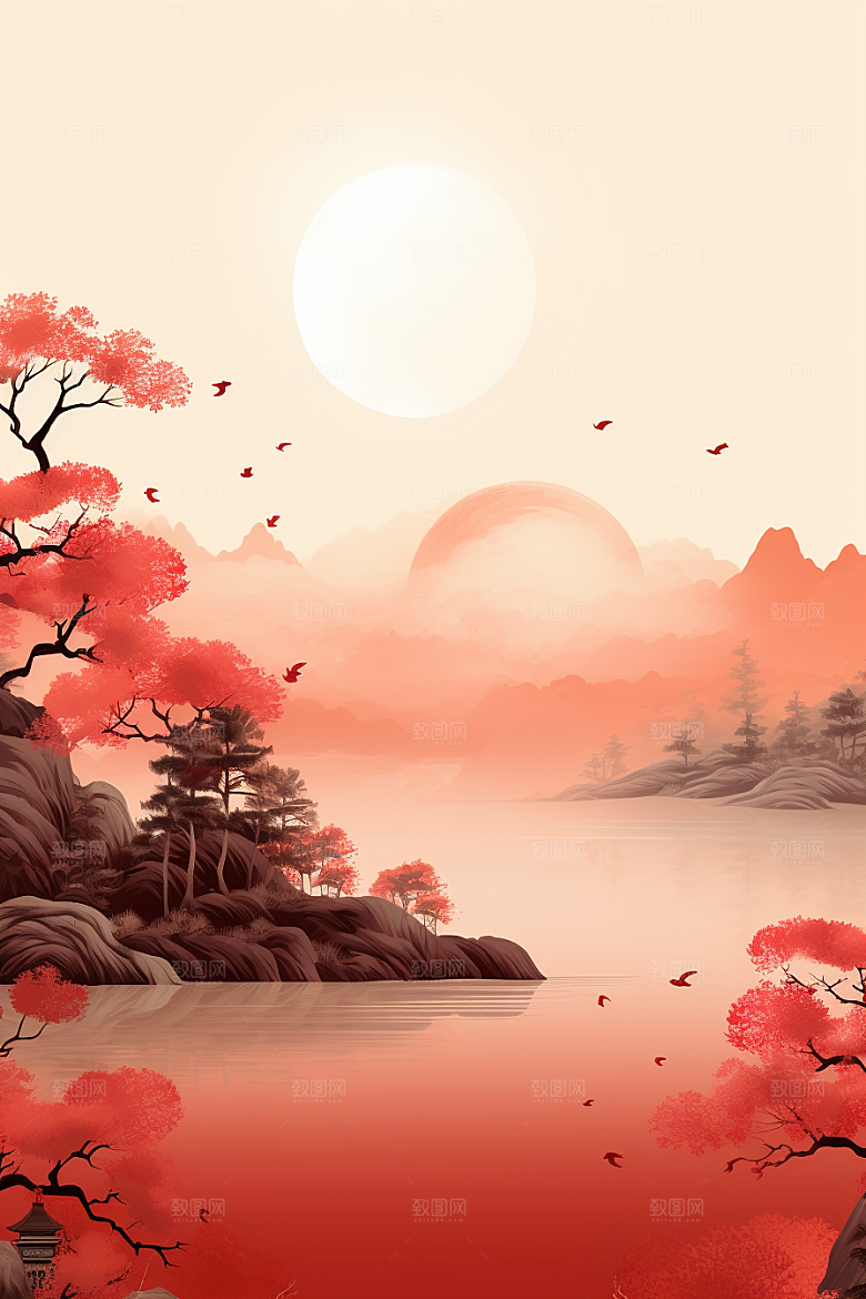 中国红山水红色国画插画