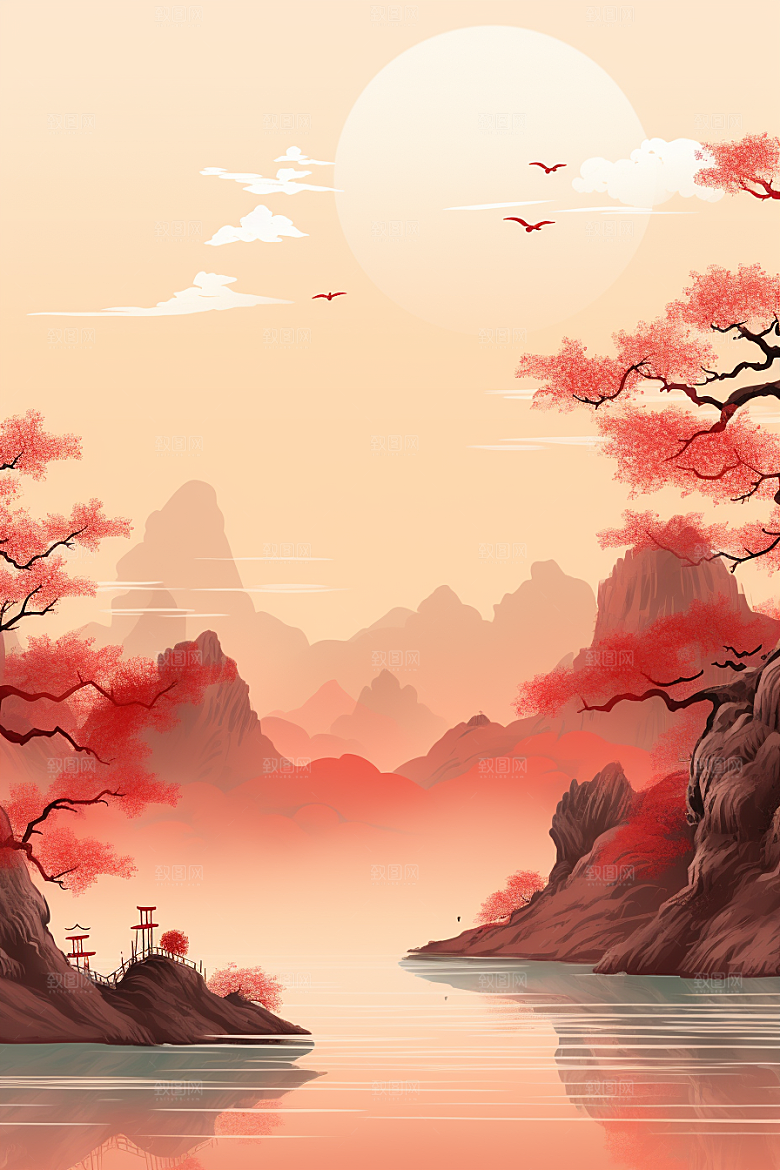 中国红山水新中式水墨插画