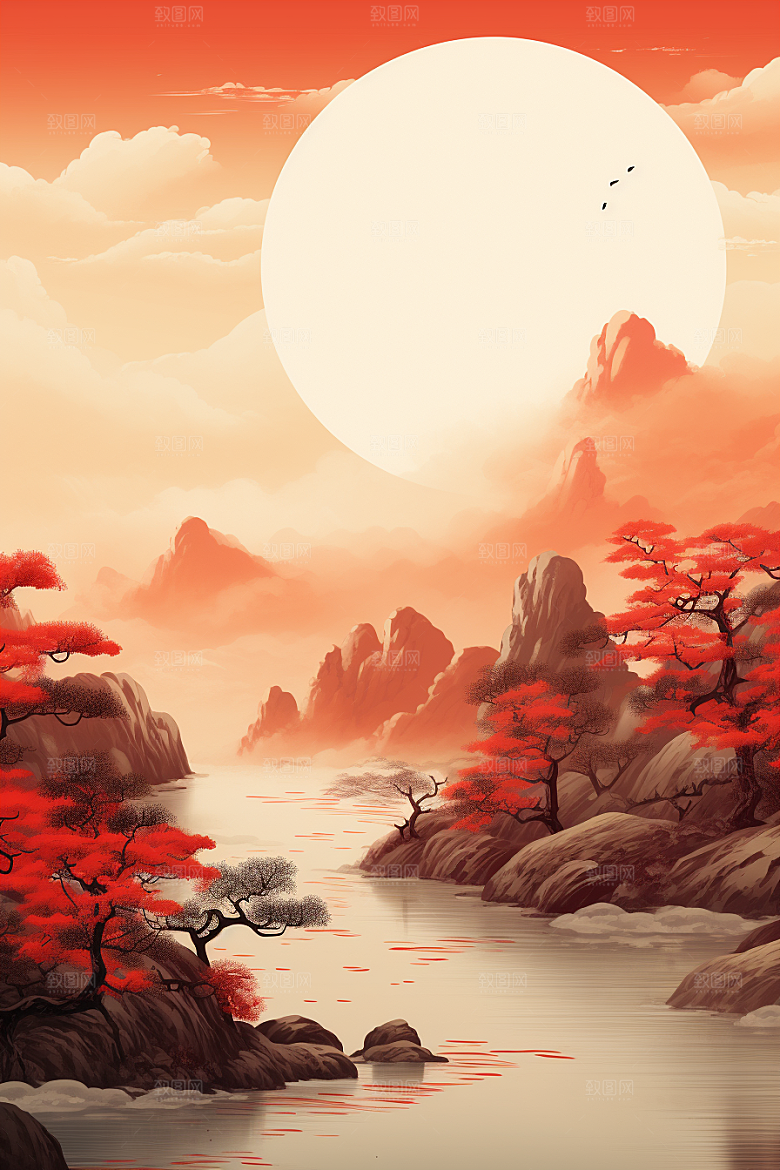 中国红山水水墨风光插画