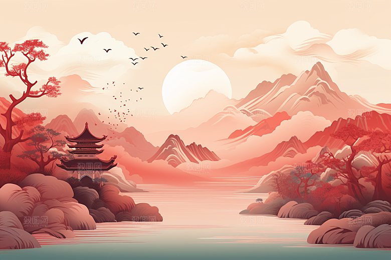 中国红山水红色水墨插画