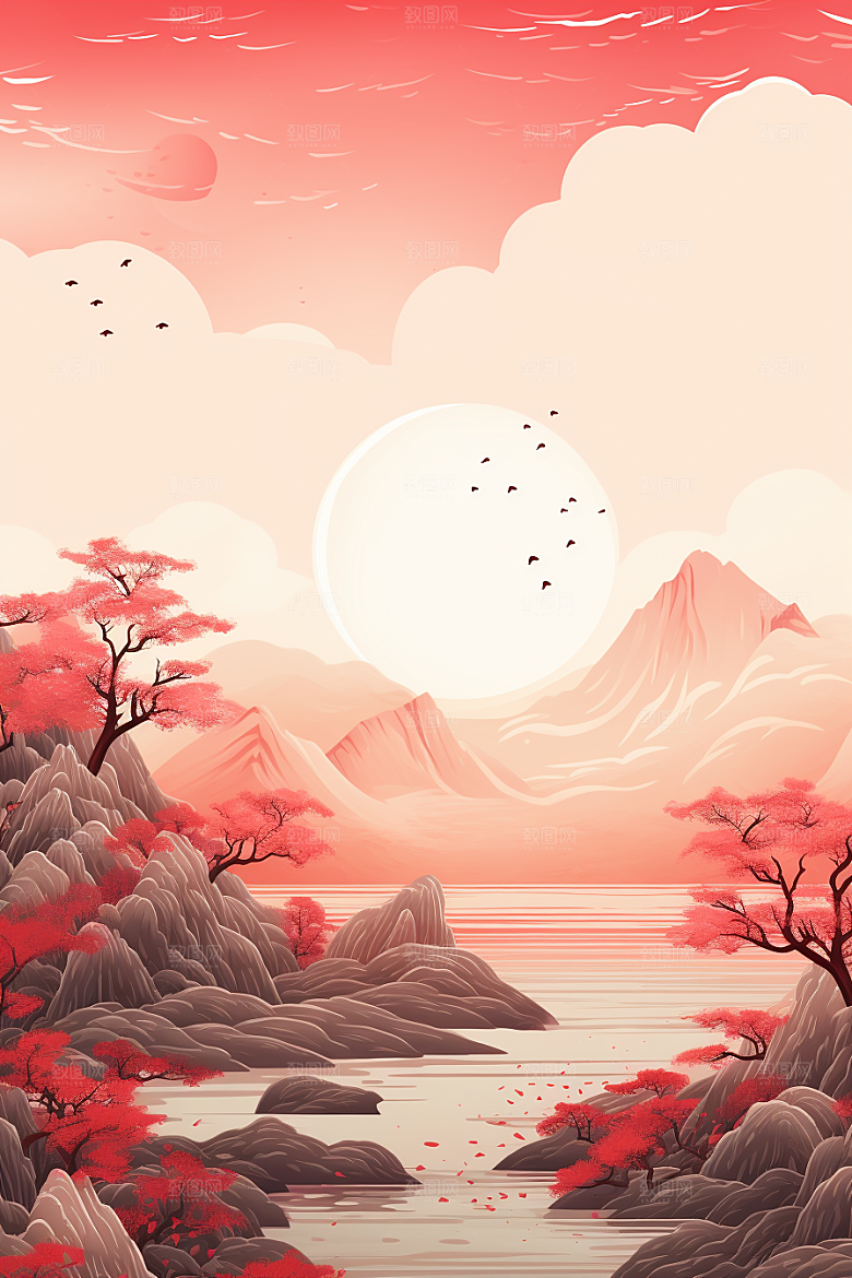 中国红山水艺术新中式插画