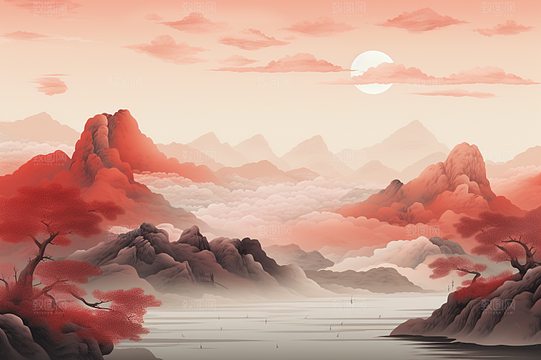 中国红山水艺术手绘插画