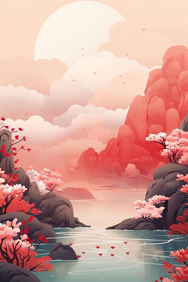 中国红山水新中式水墨插画
