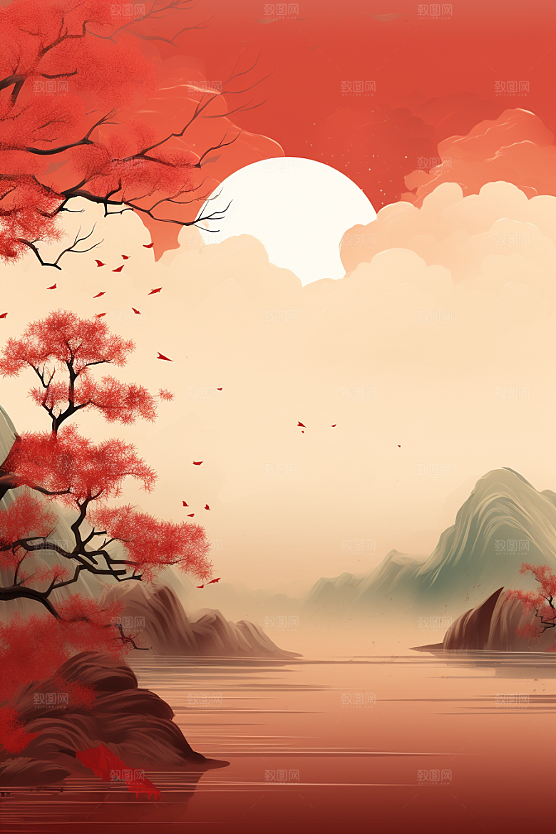中国红山水水墨风光插画