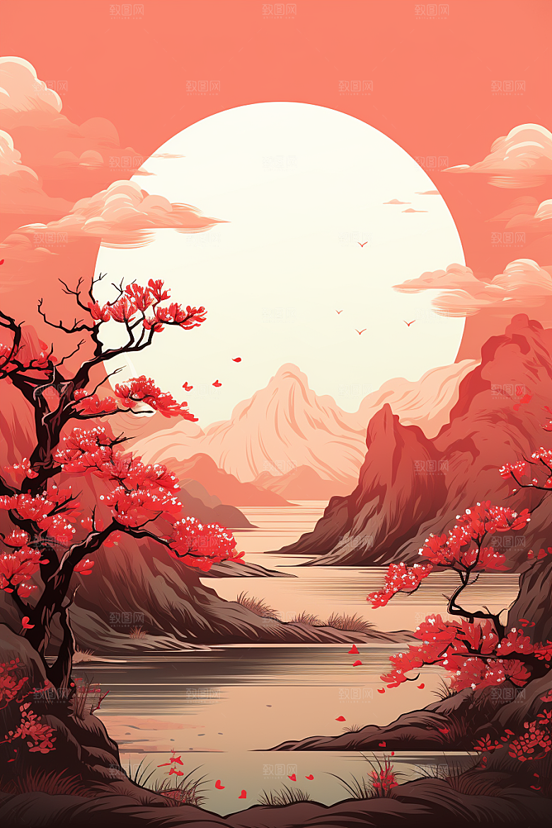 中国红山水手绘新中式插画