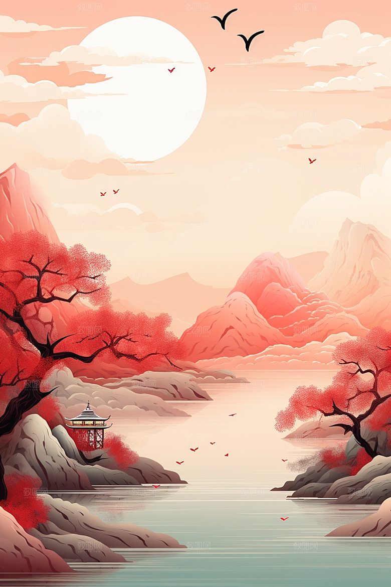 中国红山水国画风光插画