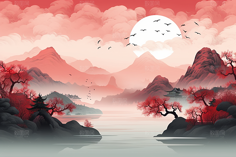 中国红山水风光水墨插画