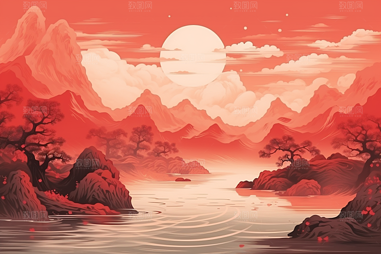 中国红山水风光水墨插画