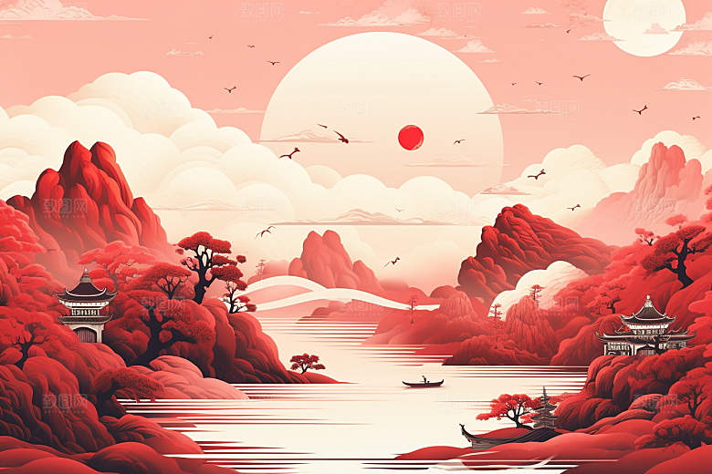 中国红山水新中式手绘插画