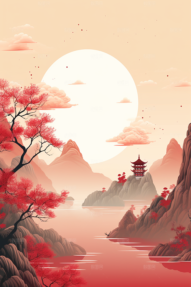 中国红山水国画新中式插画