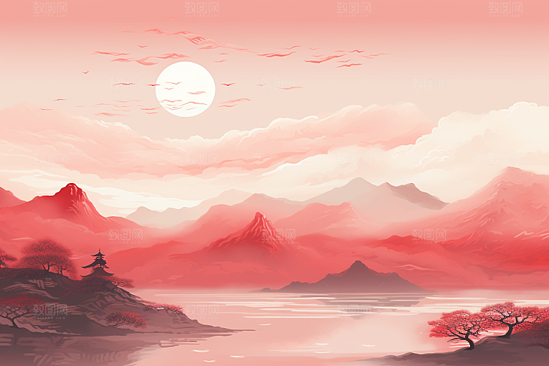 中国红山水风光红色插画