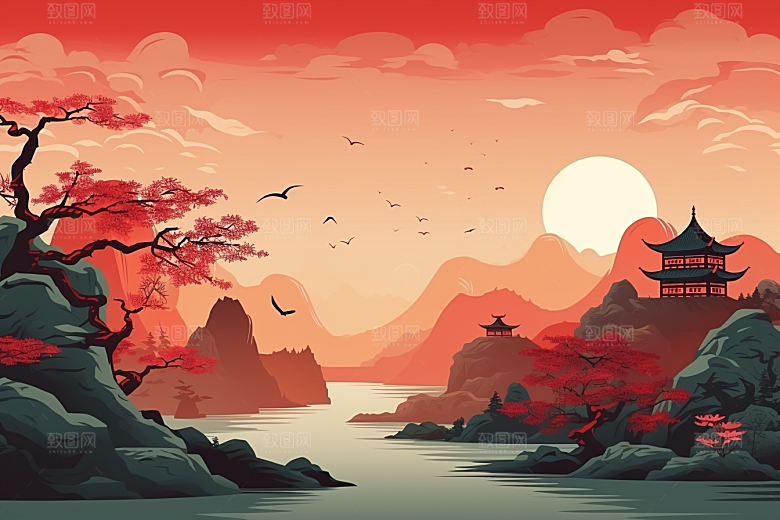 中国红山水艺术国画插画