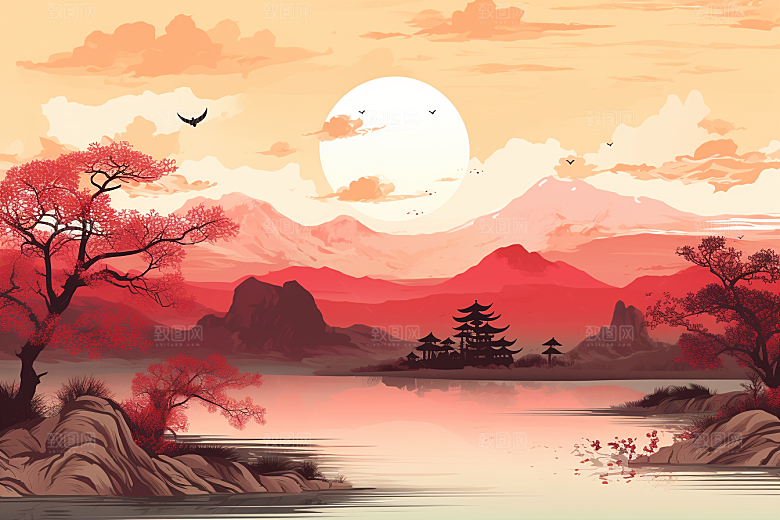 中国红山水风光艺术插画