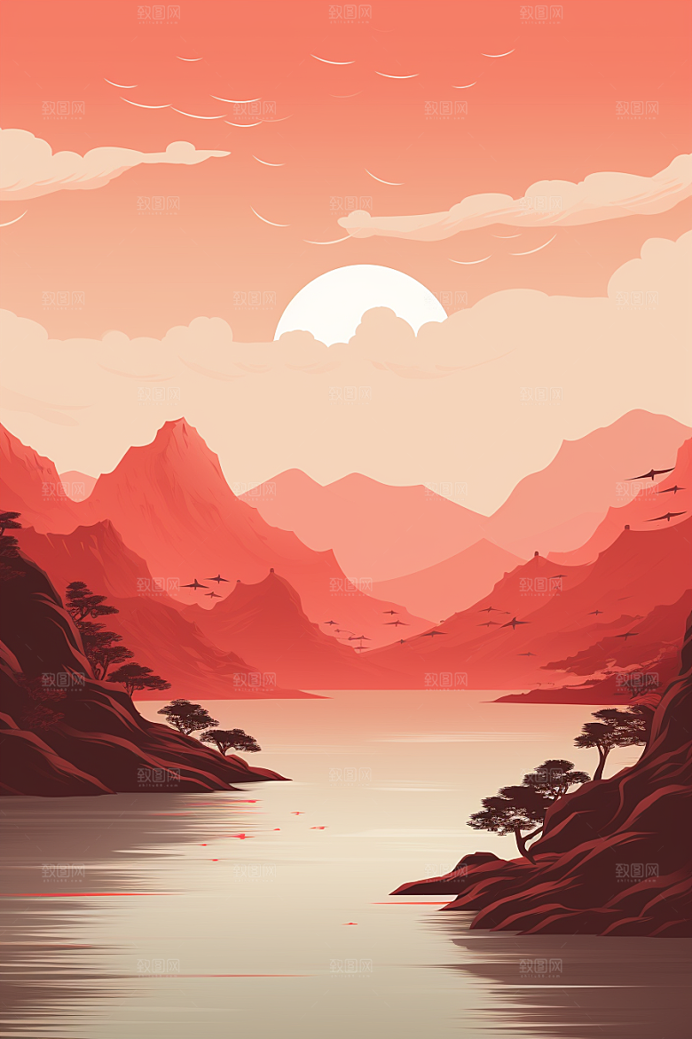 中国红山水艺术国画插画