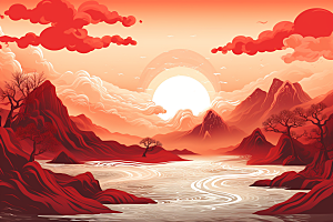 中国红山水风光艺术插画