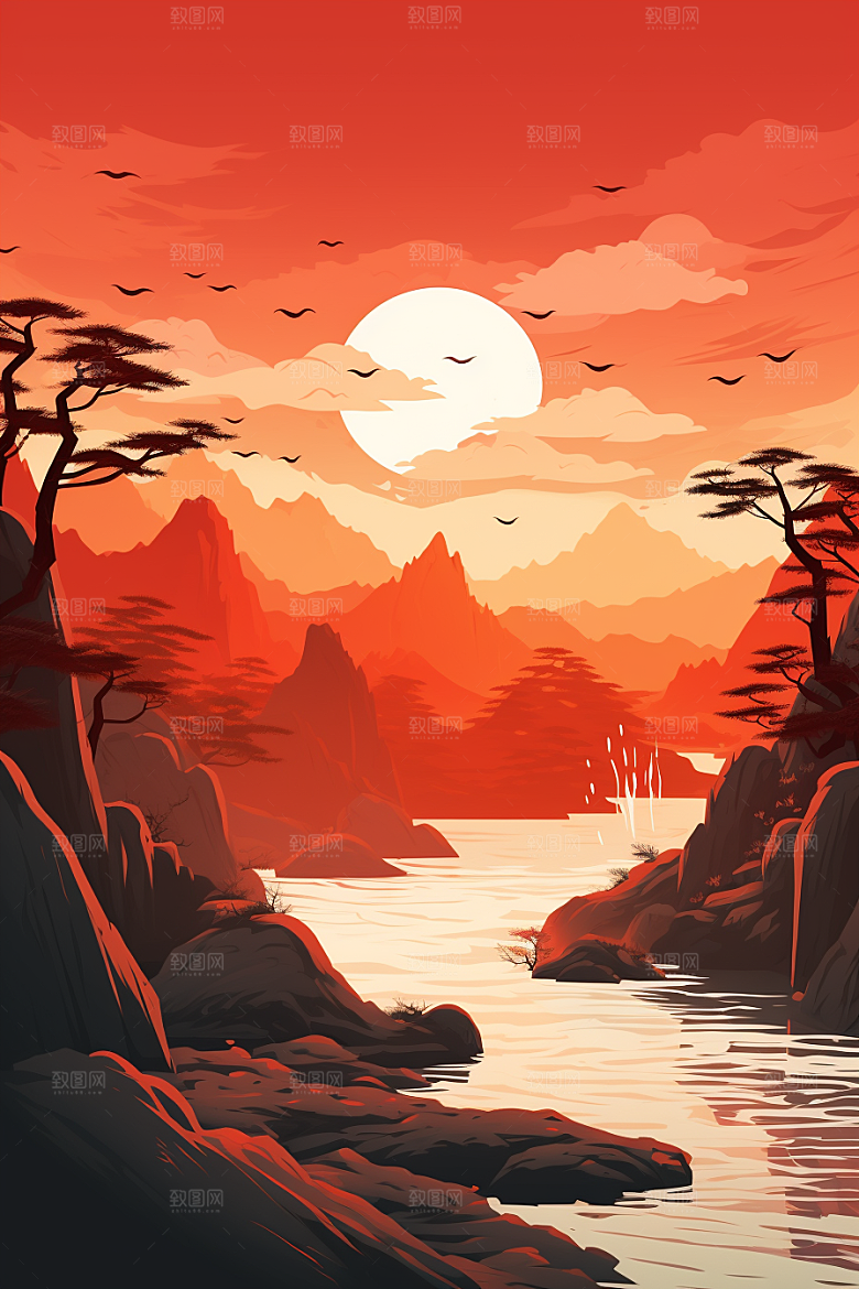中国红山水手绘风光插画