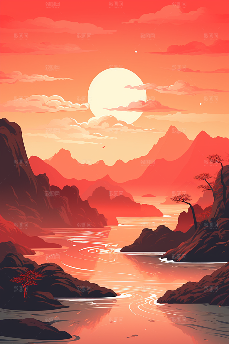 中国红山水国画新中式插画
