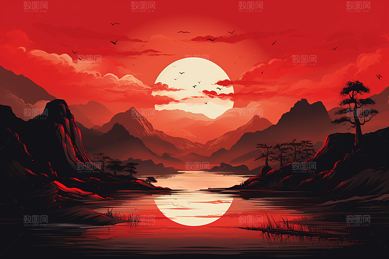 中国红山水艺术新中式插画