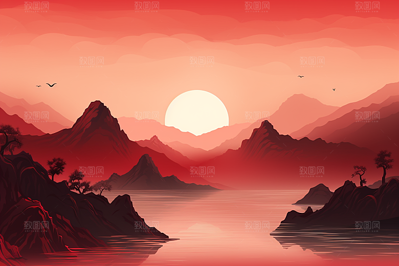 中国红山水风光新中式插画