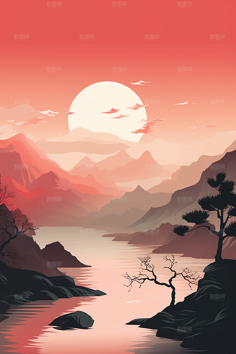 中国红山水国画艺术插画