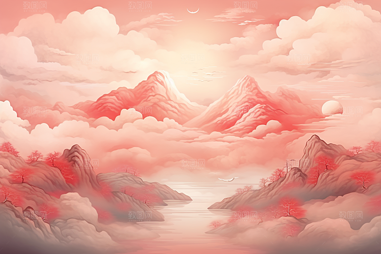 中国红山水艺术国画插画