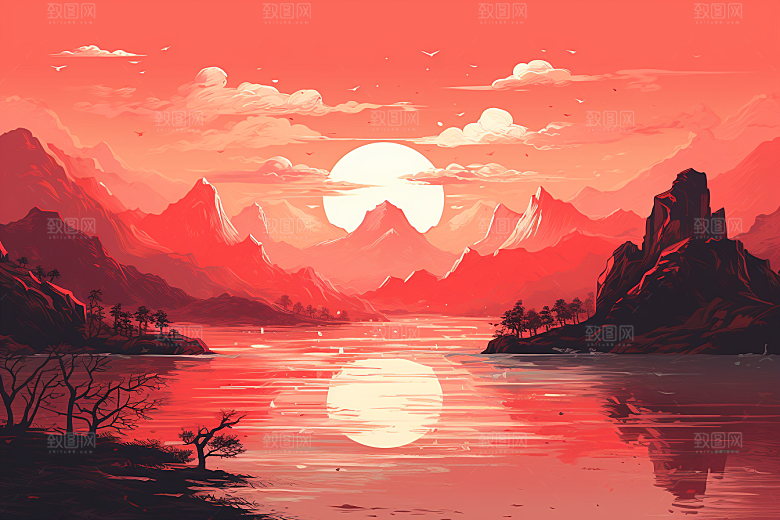 中国红山水水墨风光插画