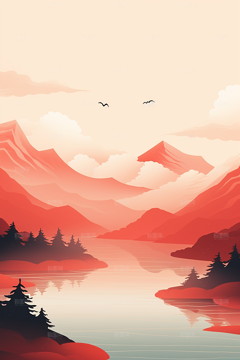 中国红山水国画水墨插画