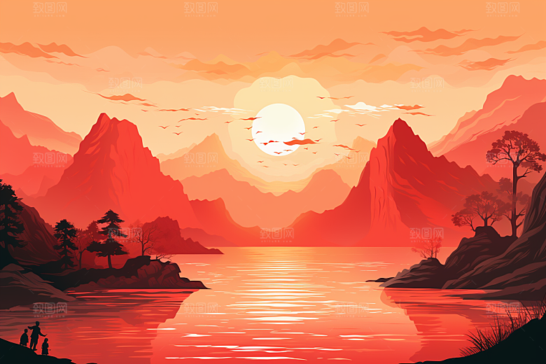 中国红山水手绘水墨插画