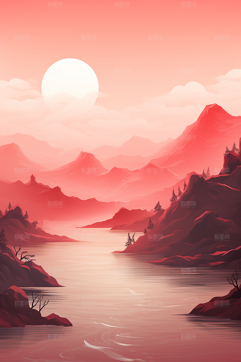 中国红山水水墨手绘插画