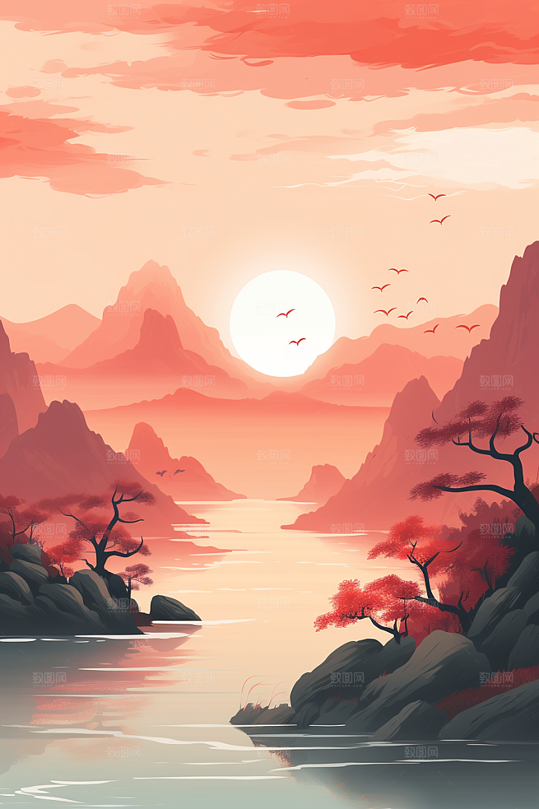 中国红山水水墨新中式插画