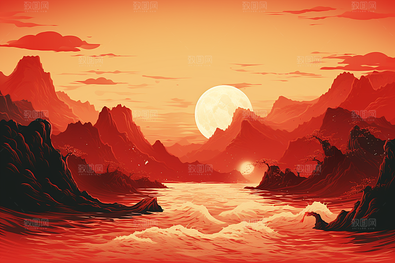 中国红山水新中式风光插画