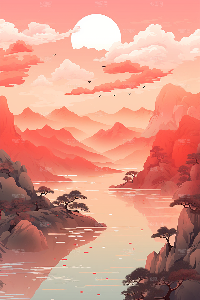 中国红山水新中式红色插画