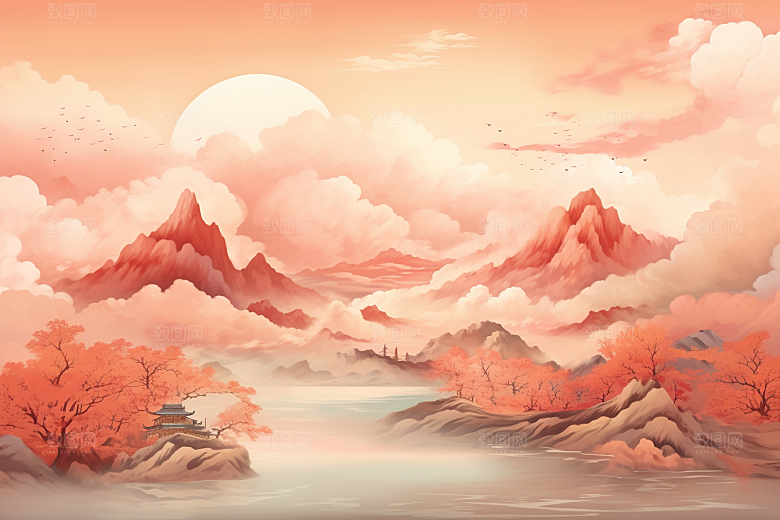 中国红山水红色艺术插画