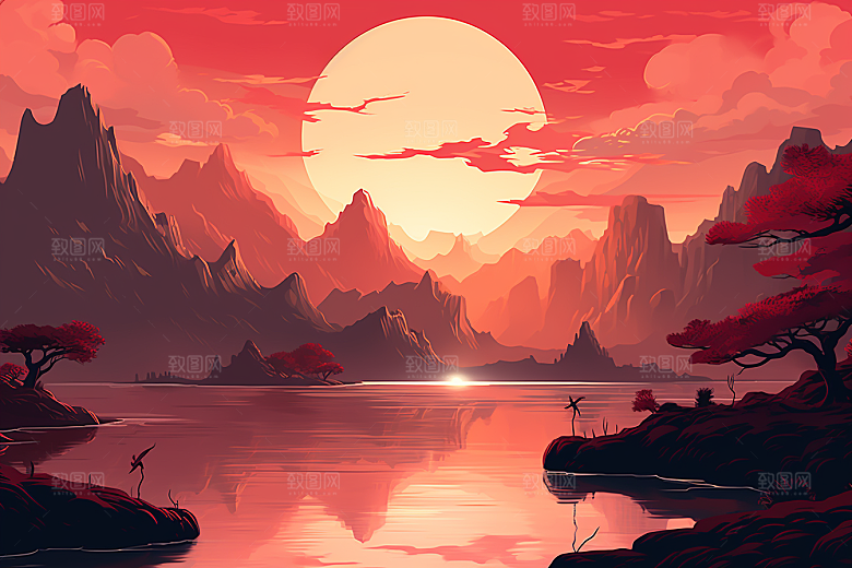 中国红山水新中式风光插画