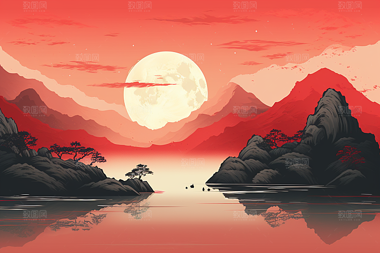 中国红山水手绘水墨插画