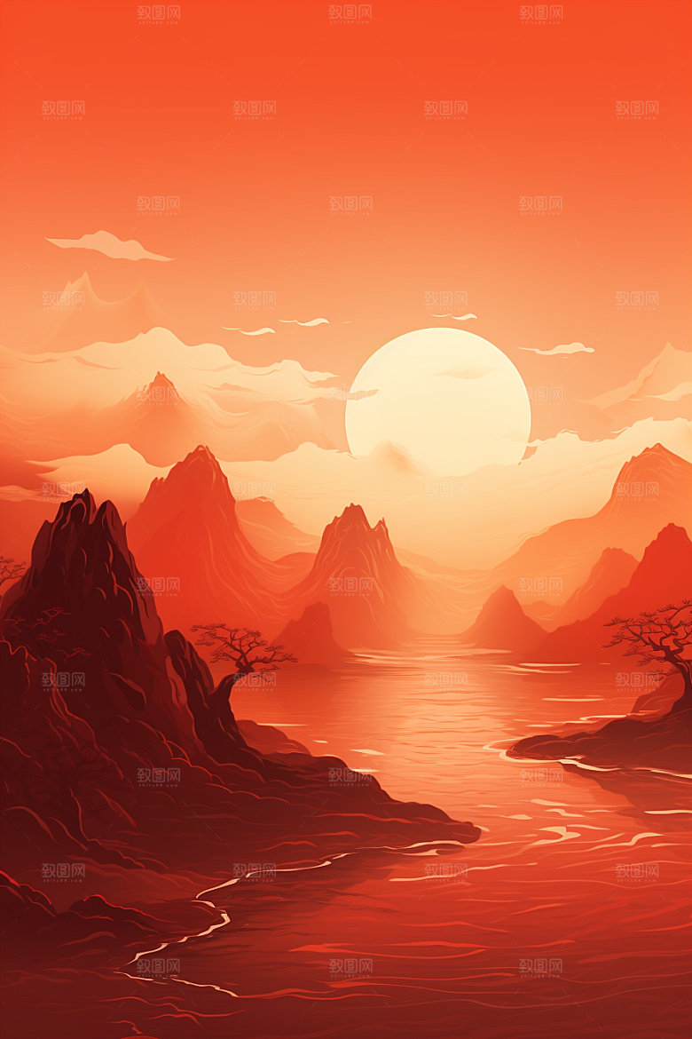中国红山水新中式风光插画
