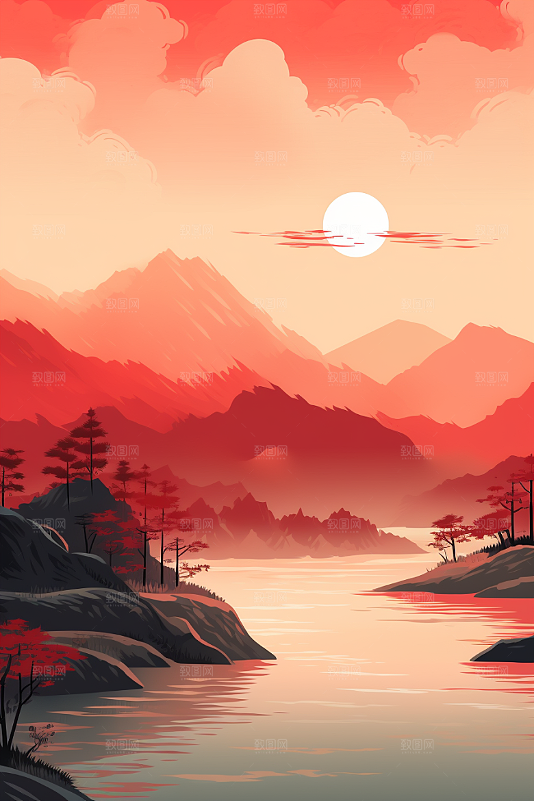 中国红山水艺术红色插画