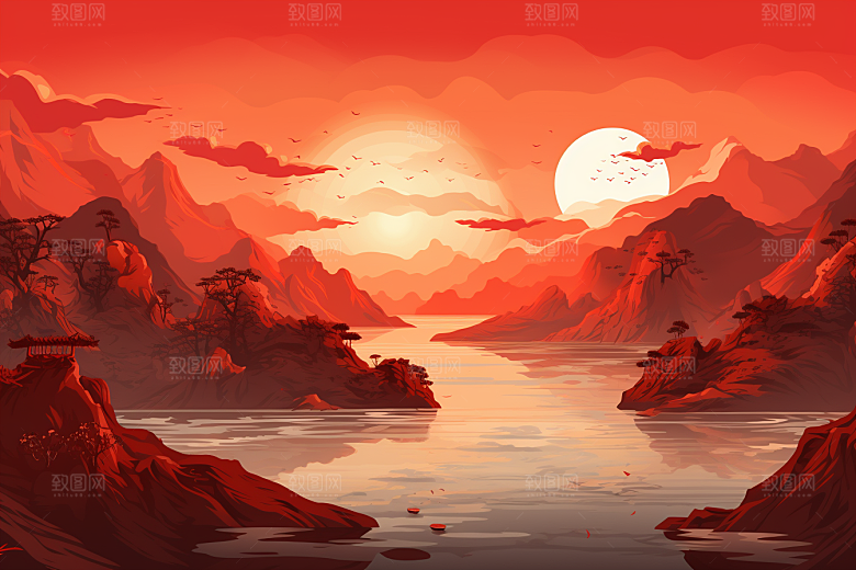 中国红山水风光国画插画