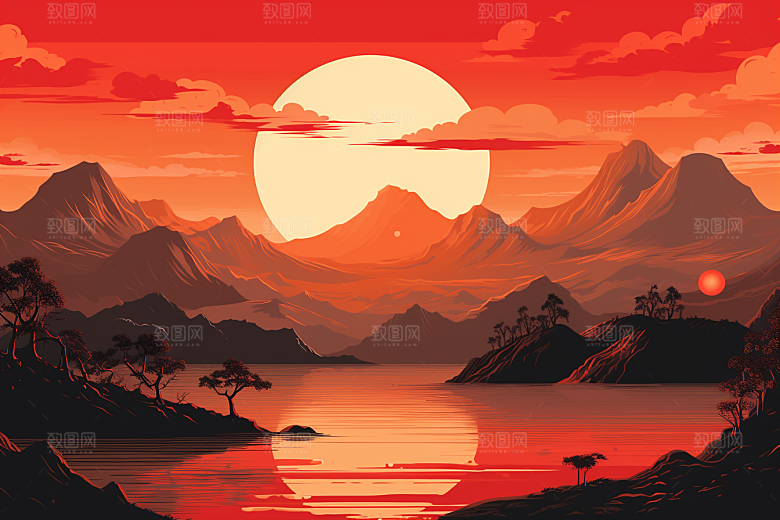 中国红山水手绘红色插画