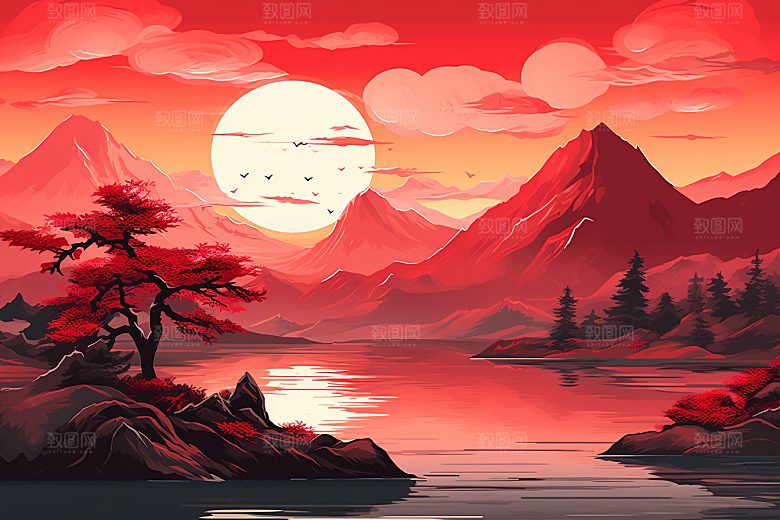 中国红山水新中式艺术插画