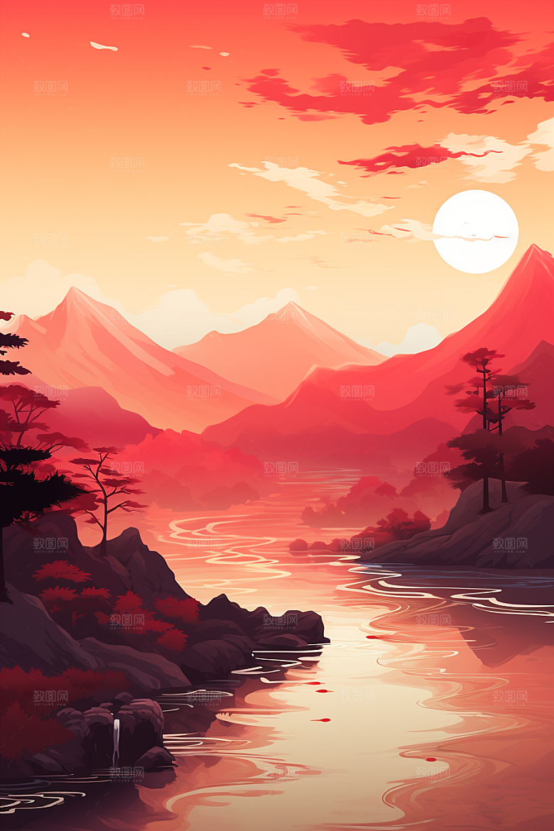 中国红山水水墨手绘插画