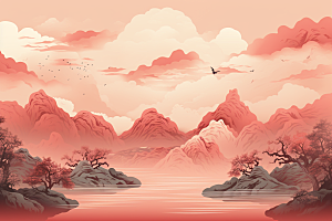 中国红山水风光手绘插画