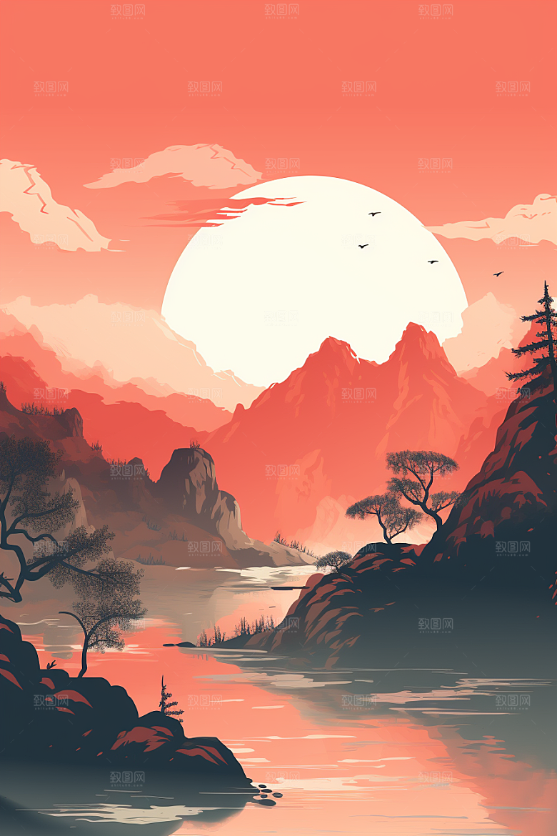 中国红山水艺术红色插画