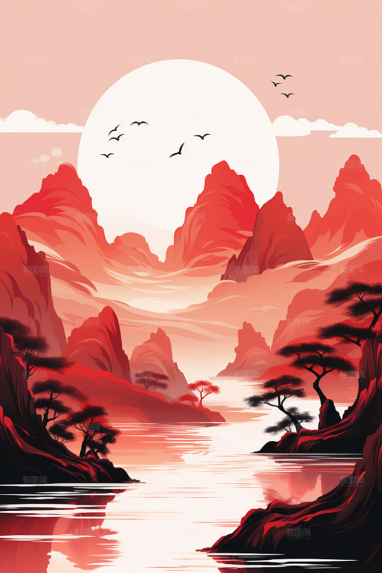 中国红山水手绘新中式插画