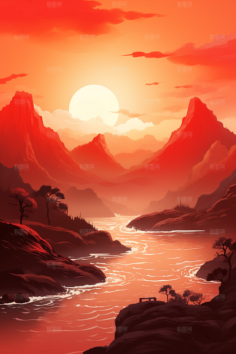 中国红山水手绘艺术插画