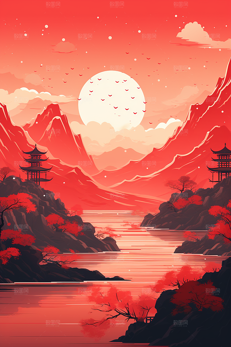中国红山水风光手绘插画