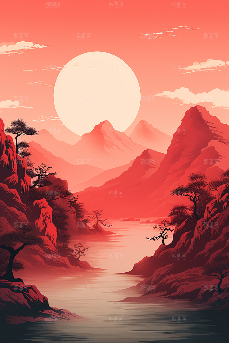 中国红山水红色水墨插画